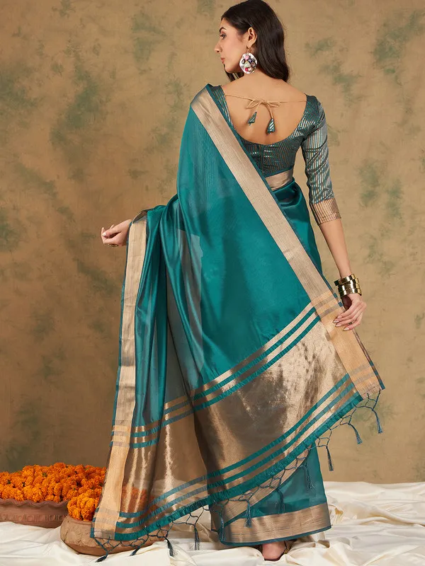 Teal_Cotton_Organza_Premium_&_Elegant_(_Graceful_Zari_)_Saree_With_Blouse_Piece_For_Women