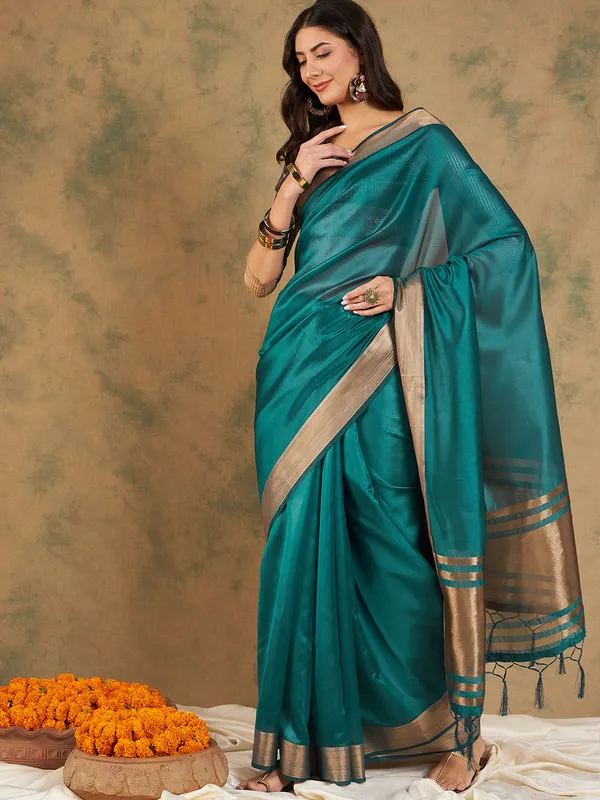 Teal_Cotton_Organza_Premium_&_Elegant_(_Graceful_Zari_)_Saree_With_Blouse_Piece_For_Women