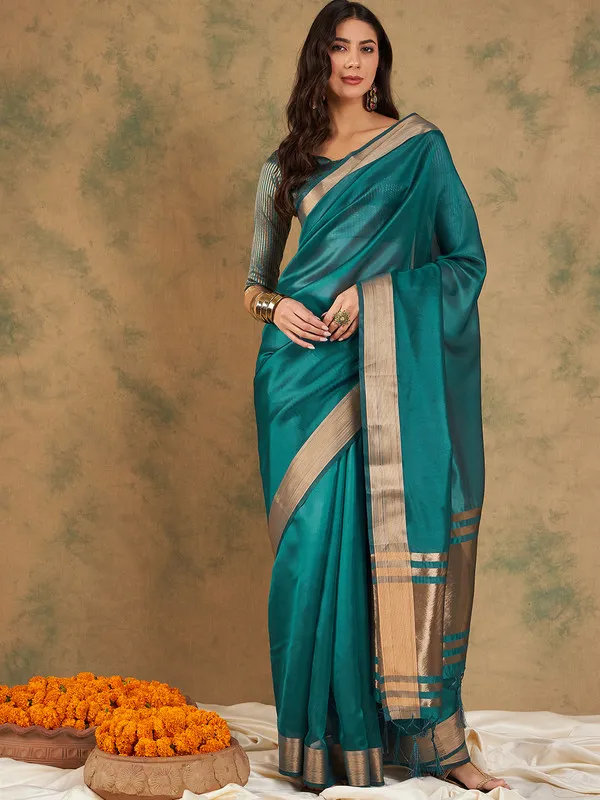 Teal_Cotton_Organza_Premium_&_Elegant_(_Graceful_Zari_)_Saree_With_Blouse_Piece_For_Women