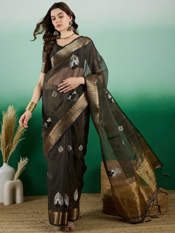 Black_Khadi_Organza_Premium_&_Elegant_(_Rich_Zari_)_Saree_With_Blouse_Piece_For_Women