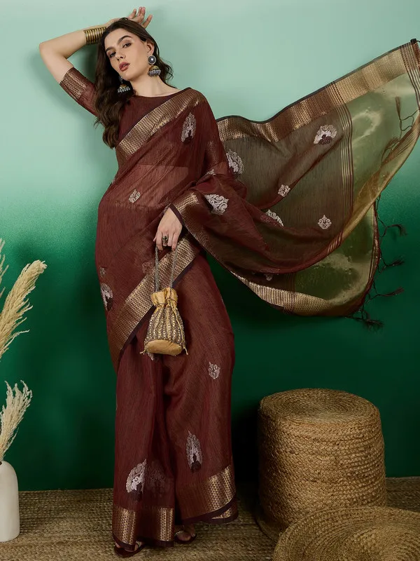 Brown_Khadi_Organza_Premium_&_Elegant_(_Rich_Zari_)_Saree_With_Blouse_Piece_For_Women