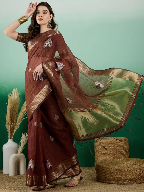 Brown_Khadi_Organza_Premium_&_Elegant_(_Rich_Zari_)_Saree_With_Blouse_Piece_For_Women