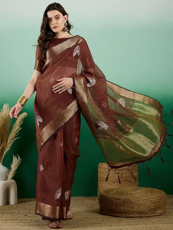 Brown_Khadi_Organza_Premium_&_Elegant_(_Rich_Zari_)_Saree_With_Blouse_Piece_For_Women