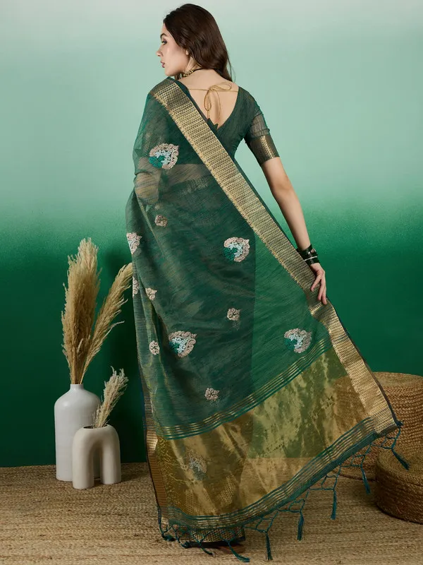 Green_Khadi_Organza_Premium_&_Elegant_(_Rich_Zari_)_Saree_With_Blouse_Piece_For_Women