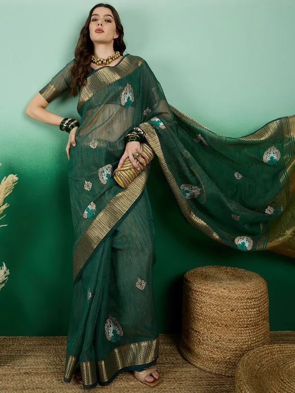 Green_Khadi_Organza_Premium_&_Elegant_(_Rich_Zari_)_Saree_With_Blouse_Piece_For_Women