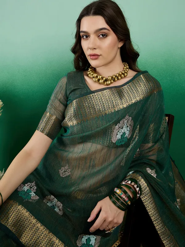 Green_Khadi_Organza_Premium_&_Elegant_(_Rich_Zari_)_Saree_With_Blouse_Piece_For_Women