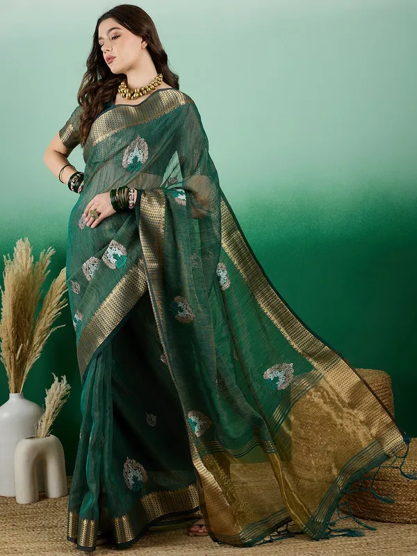 Green_Khadi_Organza_Premium_&_Elegant_(_Rich_Zari_)_Saree_With_Blouse_Piece_For_Women