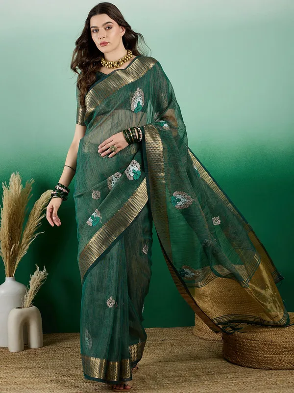 Green_Khadi_Organza_Premium_&_Elegant_(_Rich_Zari_)_Saree_With_Blouse_Piece_For_Women