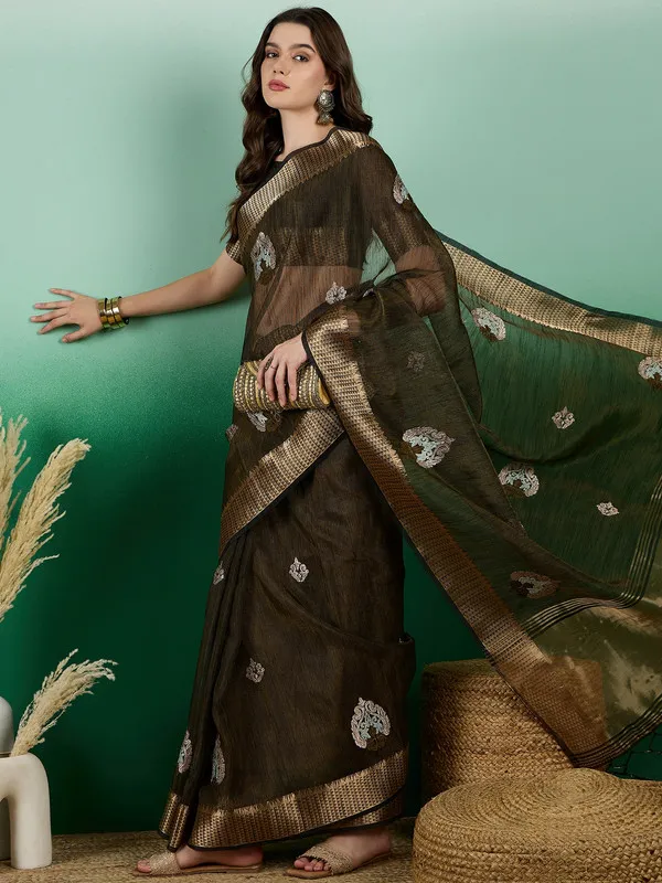 Olivegreen_Khadi_Organza_Premium_&_Elegant_(_Rich_Zari_)_Saree_With_Blouse_Piece_For_Women