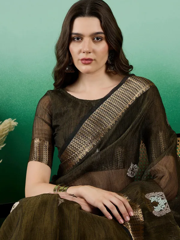 Olivegreen_Khadi_Organza_Premium_&_Elegant_(_Rich_Zari_)_Saree_With_Blouse_Piece_For_Women