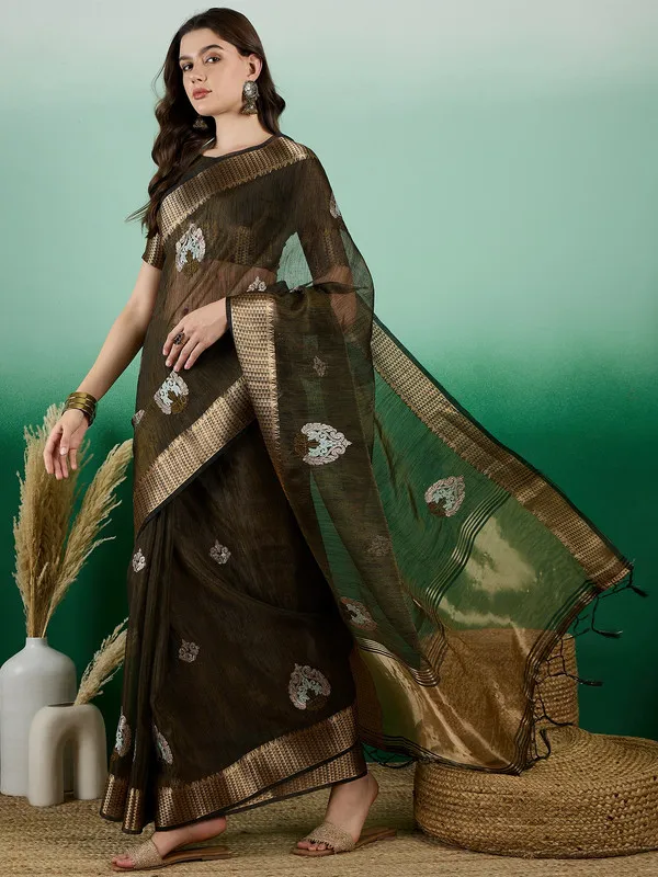 Olivegreen_Khadi_Organza_Premium_&_Elegant_(_Rich_Zari_)_Saree_With_Blouse_Piece_For_Women