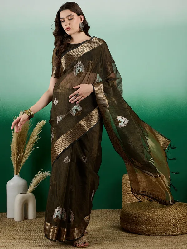 Olivegreen_Khadi_Organza_Premium_&_Elegant_(_Rich_Zari_)_Saree_With_Blouse_Piece_For_Women