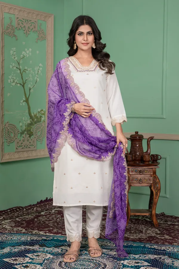 White_Roman_Silk_Embroidered_Thread_Work_Kurta_Set_For_Women