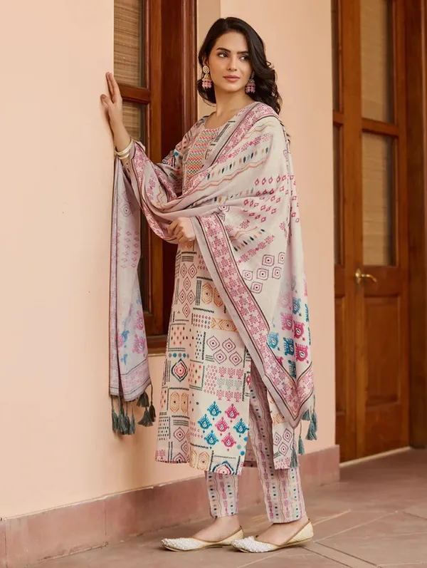 Beige_Cotton_Geometric_And_Tribal_Inspired_Ikat_Printed_Kurta_Set_For_Women