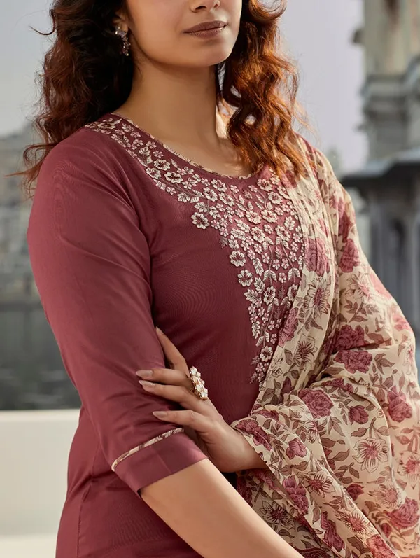 Brown_Cotton_Silk_Embroidered_Thread_Work_Kurta_Set_For_Women