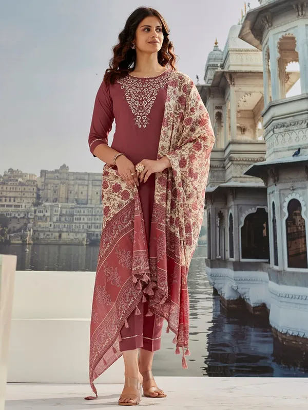 Brown_Cotton_Silk_Embroidered_Thread_Work_Kurta_Set_For_Women