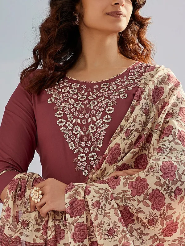 Brown_Cotton_Silk_Embroidered_Thread_Work_Kurta_Set_For_Women