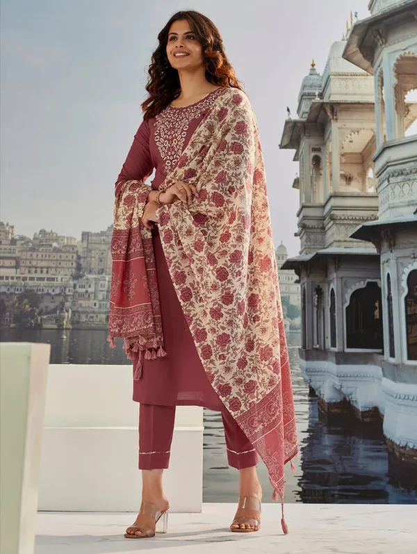 Brown_Cotton_Silk_Embroidered_Thread_Work_Kurta_Set_For_Women