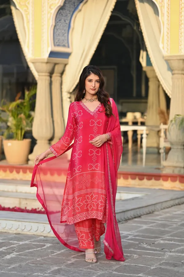 Pink_Chinnon_Silk_Embroiderey_Work_|_Bandhani_Inspired_Print_Kurta_Pant_Set_For_Women