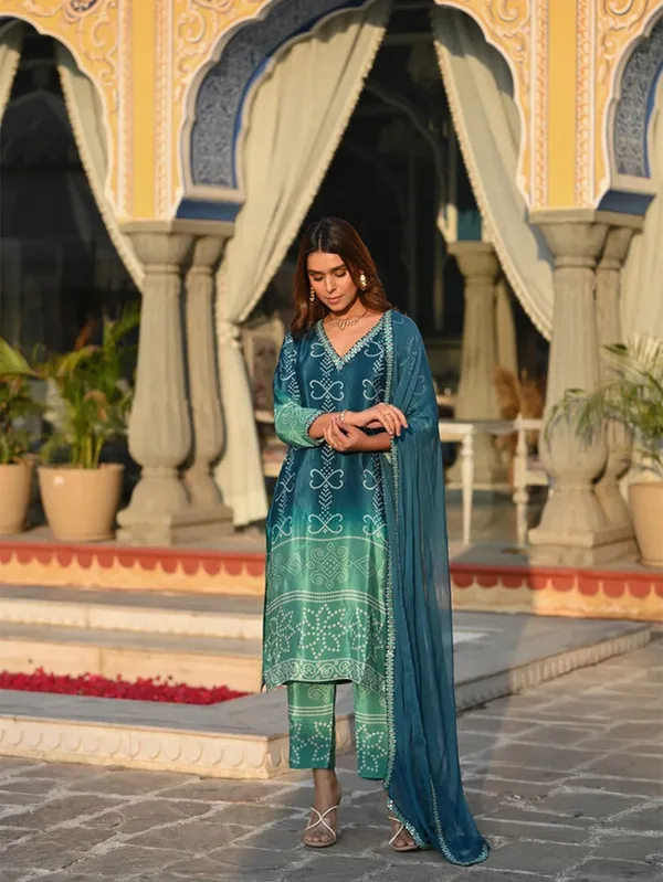 Teal_Chinnon_Silk_Embroiderey_Work_|_Bandhani_Inspired_Print_Kurta_Pant_Set_For_Women