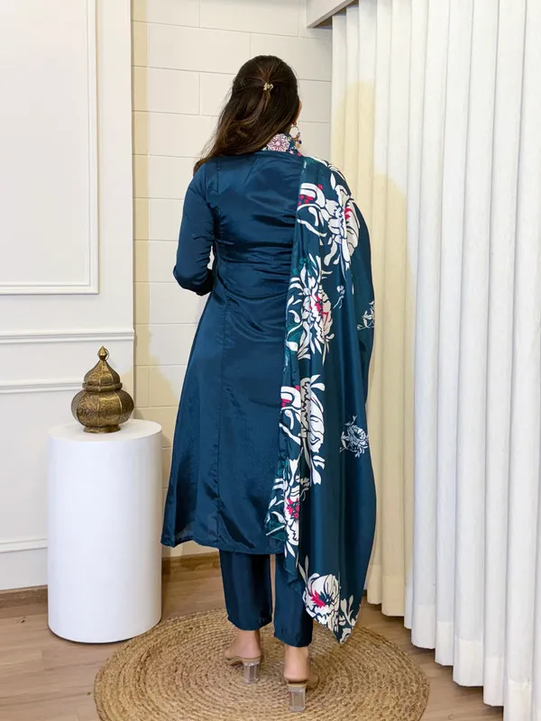 Teal_Blue_Chinnon_Full_Flared_With_Embroidered_Kurti_Set_For_Women
