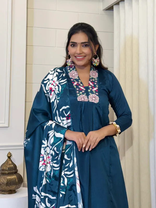 Teal_Blue_Chinnon_Full_Flared_With_Embroidered_Kurti_Set_For_Women
