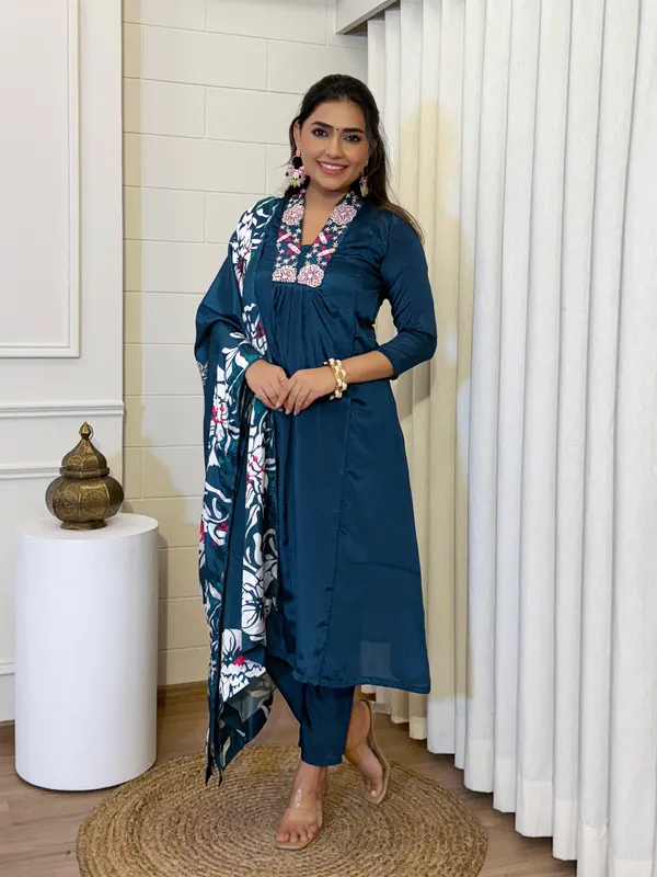 Teal_Blue_Chinnon_Full_Flared_With_Embroidered_Kurti_Set_For_Women