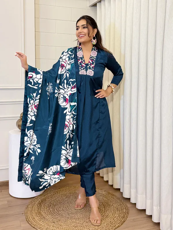 Teal_Blue_Chinnon_Full_Flared_With_Embroidered_Kurti_Set_For_Women