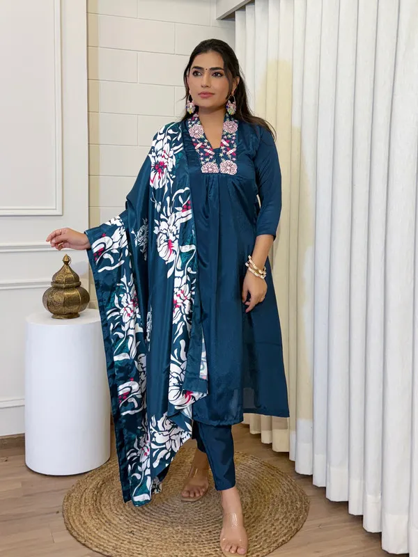Teal_Blue_Chinnon_Full_Flared_With_Embroidered_Kurti_Set_For_Women