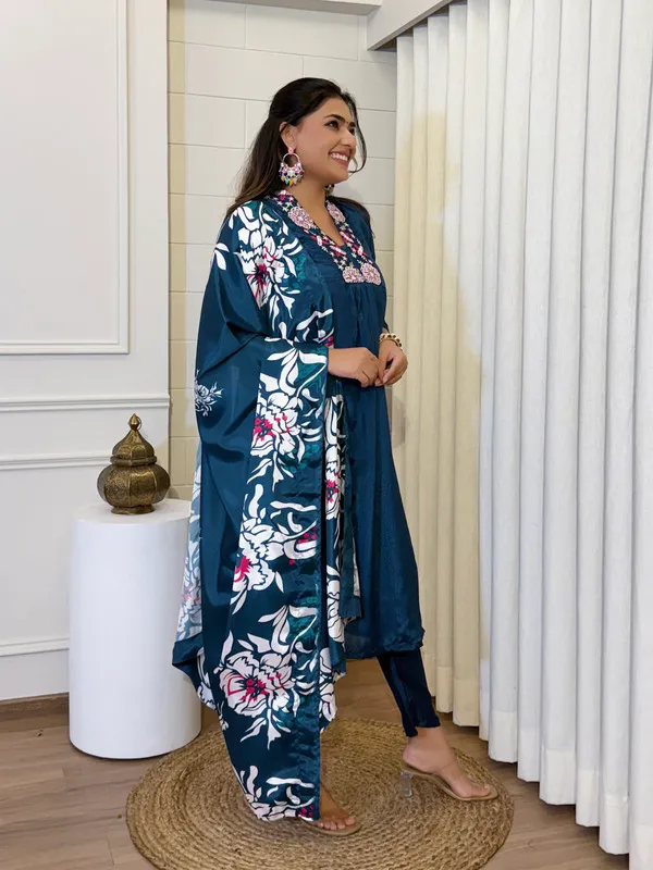 Teal_Blue_Chinnon_Full_Flared_With_Embroidered_Kurti_Set_For_Women
