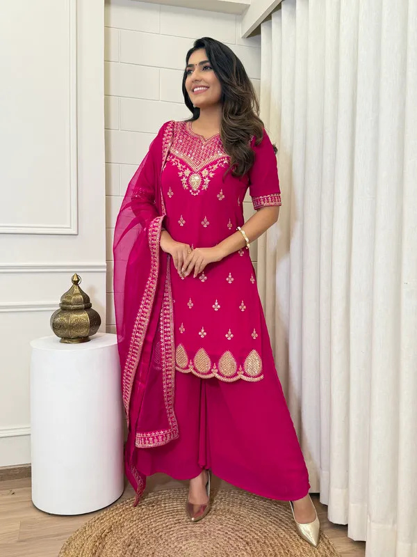 Pink_Georgette_Golden_Thread_Embroidery_Work_Short_Kurti_Sharara_Set_For_Women
