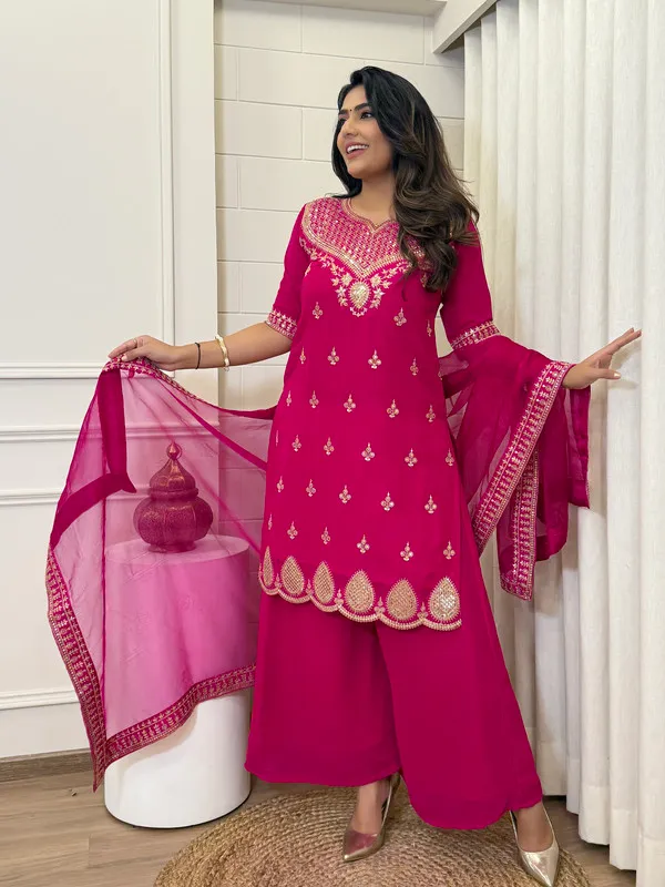 Pink_Georgette_Golden_Thread_Embroidery_Work_Short_Kurti_Sharara_Set_For_Women