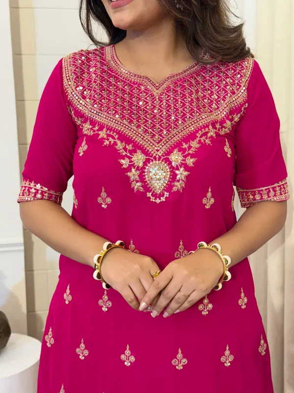 Pink_Georgette_Golden_Thread_Embroidery_Work_Short_Kurti_Sharara_Set_For_Women