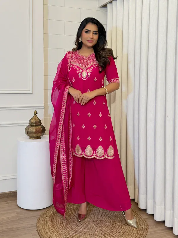 Pink_Georgette_Golden_Thread_Embroidery_Work_Short_Kurti_Sharara_Set_For_Women