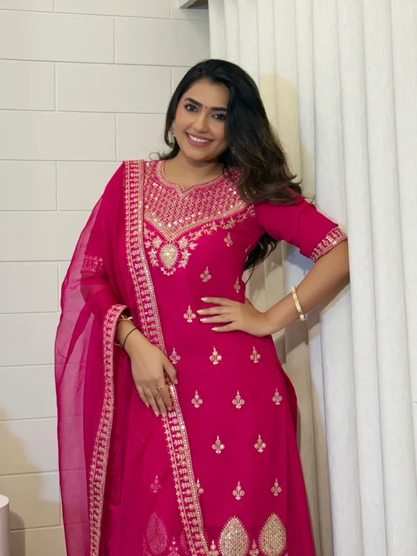 Pink_Georgette_Golden_Thread_Embroidery_Work_Short_Kurti_Sharara_Set_For_Women