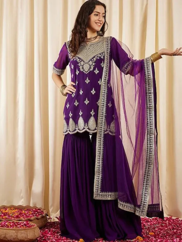 Wine_Georgette_Golden_Thread_Embroidery_Work_Short_Kurti_Sharara_Set_For_Women