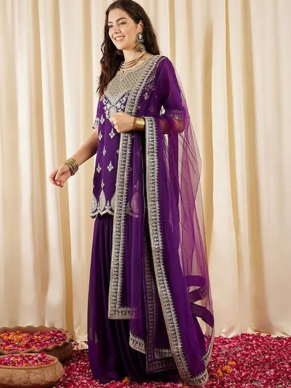 Wine_Georgette_Golden_Thread_Embroidery_Work_Short_Kurti_Sharara_Set_For_Women