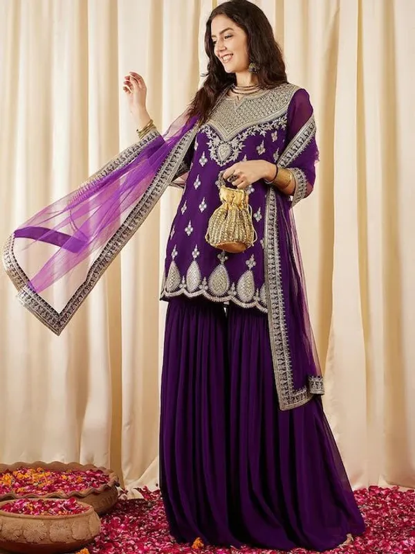 Wine_Georgette_Golden_Thread_Embroidery_Work_Short_Kurti_Sharara_Set_For_Women