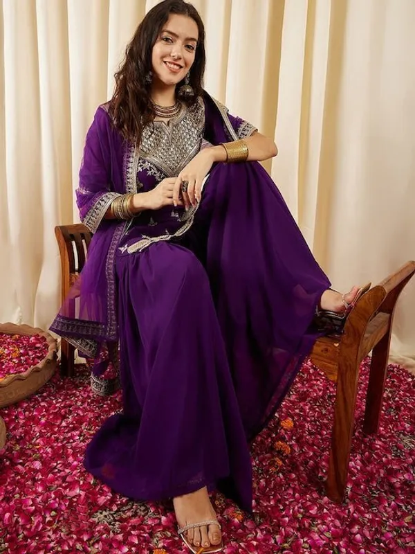 Wine_Georgette_Golden_Thread_Embroidery_Work_Short_Kurti_Sharara_Set_For_Women