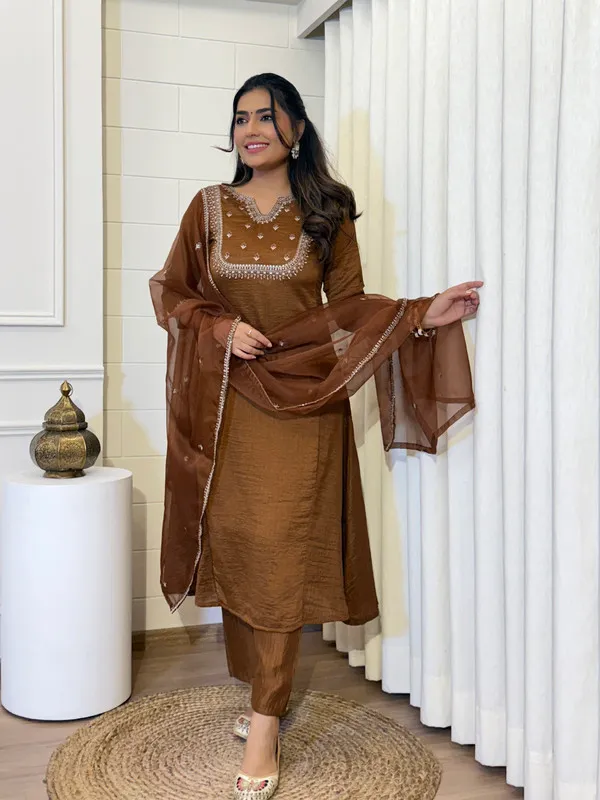 Brown_Vichitra_Silk_Sequence_Embroidered_With_Flared_Kurta_Set_For_Women