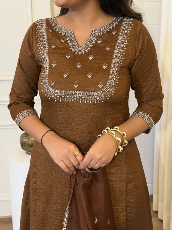 Brown_Vichitra_Silk_Sequence_Embroidered_With_Flared_Kurta_Set_For_Women