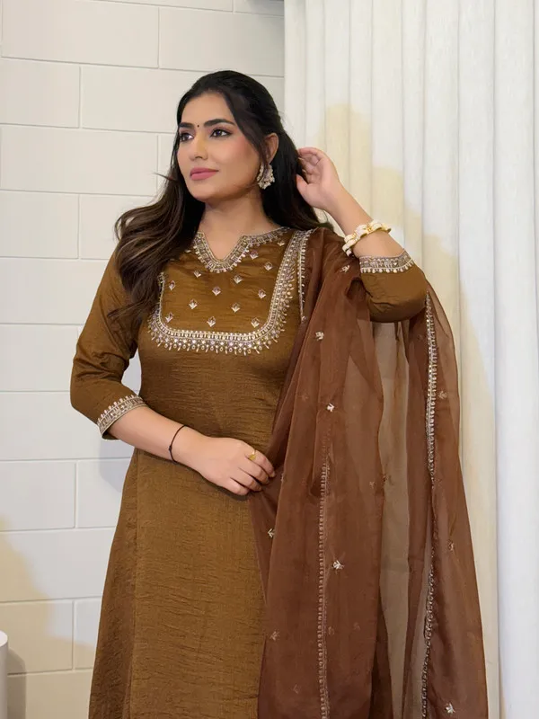 Brown_Vichitra_Silk_Sequence_Embroidered_With_Flared_Kurta_Set_For_Women