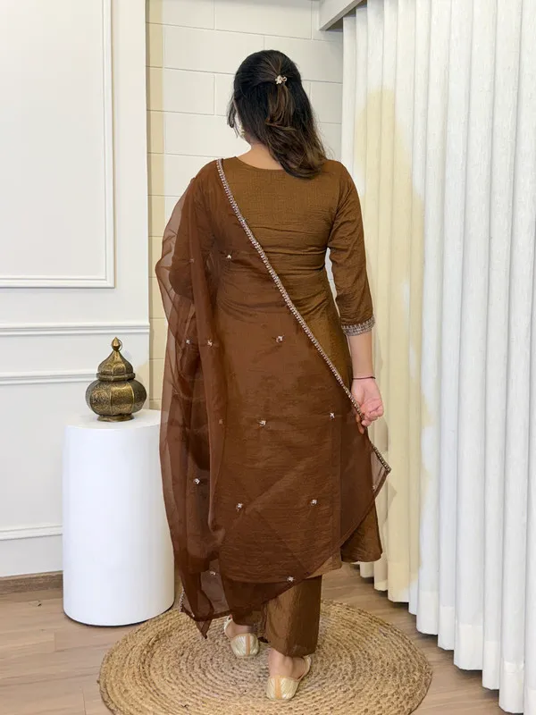 Brown_Vichitra_Silk_Sequence_Embroidered_With_Flared_Kurta_Set_For_Women
