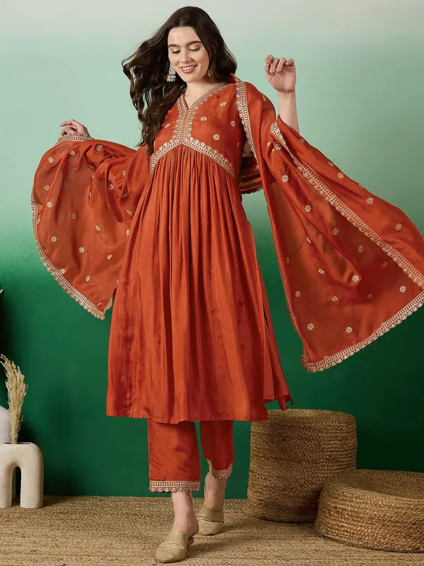 Rust_Orange_Muslin_Silk_Embroidered_Thread_Work_Kurta_Pant_Set_For_Women