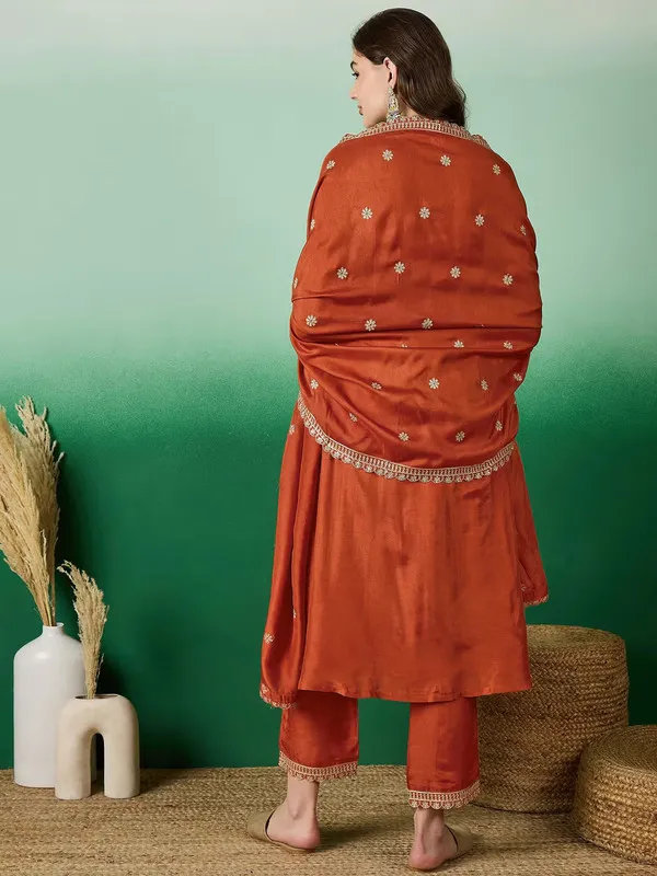 Rust_Orange_Muslin_Silk_Embroidered_Thread_Work_Kurta_Pant_Set_For_Women