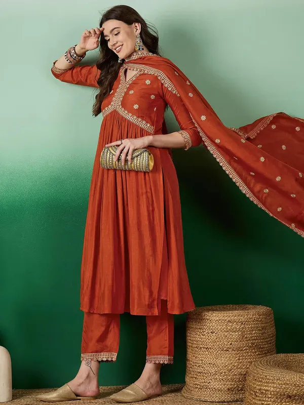 Rust_Orange_Muslin_Silk_Embroidered_Thread_Work_Kurta_Pant_Set_For_Women