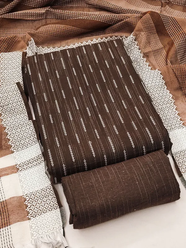 Leeza_Store_Women’s_Brown_Cotton_Jacquard_Salwar_Suit_Dress_Material_With_Minimal_Ethnic_Motifs,_Solid_Cotton_Bottom_&_Chinnon_Saburi_Dupatta_With_Cut_Work_–_Unstit