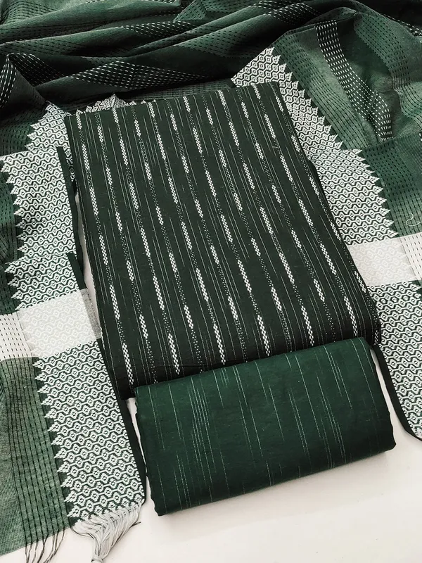 Leeza_Store_Women’s_Dark_Green_Cotton_Jacquard_Salwar_Suit_Dress_Material_With_Minimal_Ethnic_Motifs,_Solid_Cotton_Bottom_&_Chinnon_Saburi_Dupatta_With_Cut_Work_–_Unstit
