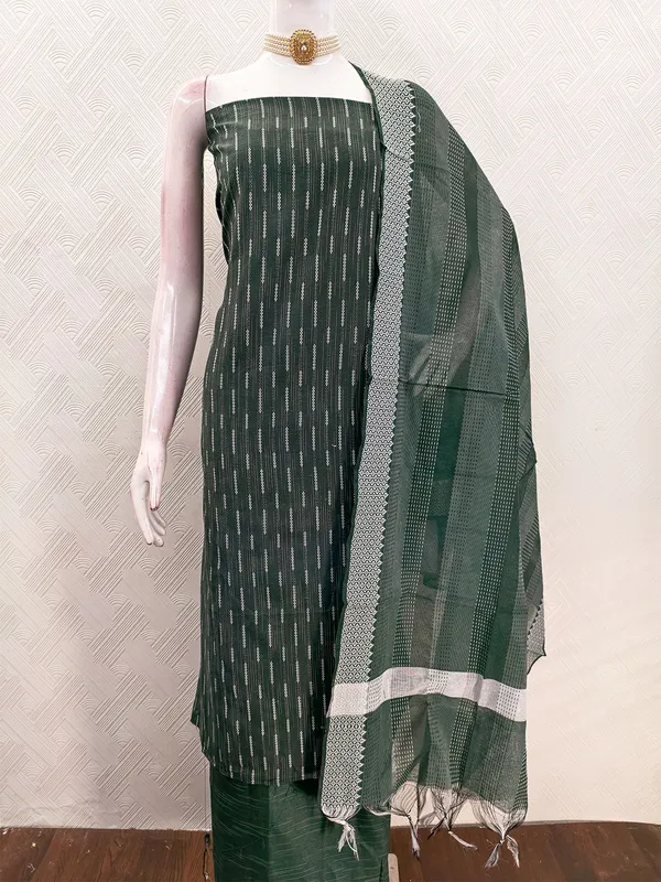 Leeza_Store_Women’s_Dark_Green_Cotton_Jacquard_Salwar_Suit_Dress_Material_With_Minimal_Ethnic_Motifs,_Solid_Cotton_Bottom_&_Chinnon_Saburi_Dupatta_With_Cut_Work_–_Unstit