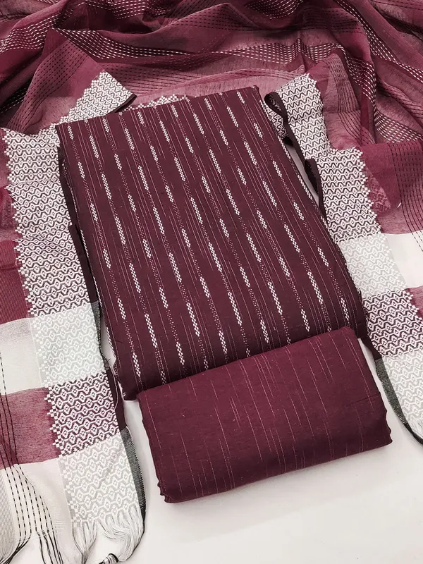 Leeza_Store_Women’s_Wine_Cotton_Jacquard_Salwar_Suit_Dress_Material_With_Minimal_Ethnic_Motifs,_Solid_Cotton_Bottom_&_Chinnon_Saburi_Dupatta_With_Cut_Work_–_Unstit